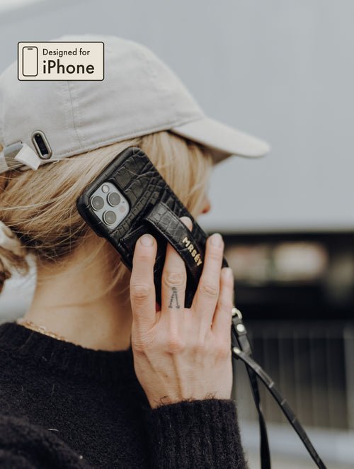 iPhone Case with Strap - Black Croco