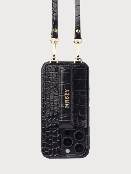 iPhone Case with Strap - Black Croco