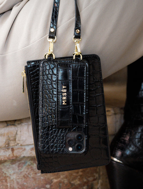 iPhone Case with Strap - Black Croco